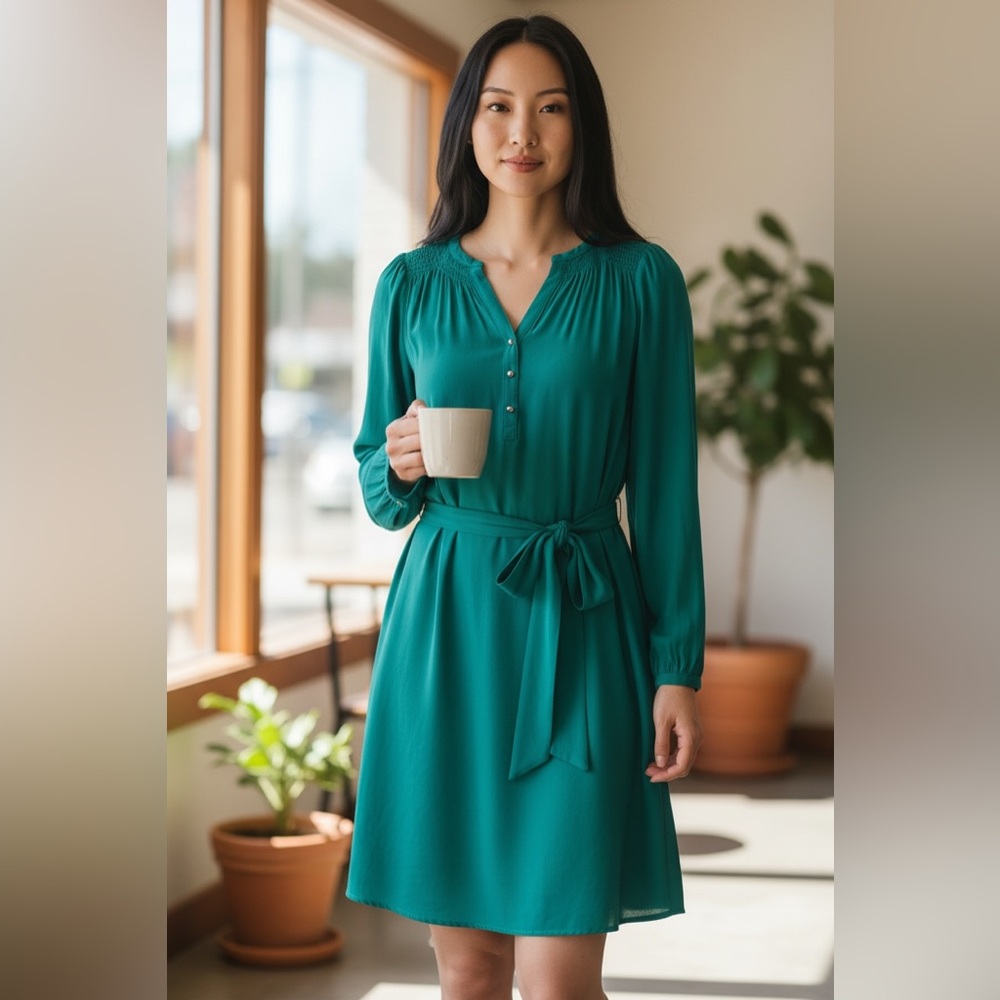 Banana Republic Teal Long Sleeve Smocked Shirred Dress Rayon Size 2
